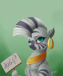 Size: 2500x3000 | Tagged: safe, artist:skitsroom, zecora, zebra, bronybait, cute, ear piercing, earring, female, jewelry, piercing, sign, solo, zecorable