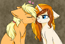 Size: 1058x716 | Tagged: safe, artist:moonabelle, applejack, oc, oc:sky, earth pony, pony, canon x oc, chest fluff, eyes closed, female, floppy ears, fluffy, heart, lesbian, nuzzling, ponysona, shipping