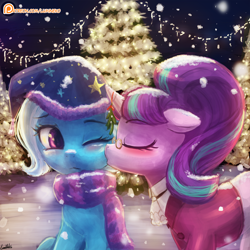 Size: 2000x2000 | Tagged: safe, artist:lumineko, snowfall frost, starlight glimmer, trixie, pony, unicorn, :<, blushing, christmas lights, christmas tree, clothes, cute, diatrixes, eyes closed, female, floppy ears, frown, glasses, glimmerbetes, hat, kissing, lesbian, mare, mistletoe, mistletoe horn, nightcap, one eye closed, patreon, patreon logo, scarf, shipping, snow, snowfall, startrix, tree, trixie's nightcap, wink