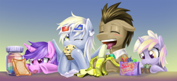 Size: 1300x600 | Tagged: safe, artist:saturnspace, amethyst star, derpy hooves, dinky hooves, doctor whooves, sparkler, pegasus, pony, banana, daughter, doctorderpy, family, father, female, male, mare, mother, muffin, sandwich, shipping, straight, zap apple jam