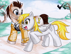 Size: 700x534 | Tagged: safe, artist:jadenkaiba, derpy hooves, doctor whooves, pegasus, pony, doctorderpy, female, male, mare, shipping, straight, traditional art