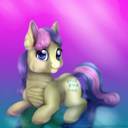 Size: 1024x1018 | Tagged: safe, artist:kittenthelonley, bon bon, sweetie drops, pony, fluffy, gradient background, looking at you, prone, solo