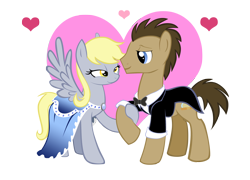 Size: 2338x1683 | Tagged: safe, artist:moostargazer, derpy hooves, doctor whooves, pegasus, pony, bedroom eyes, clothes, doctorderpy, dress, female, male, mare, shipping, straight, suit