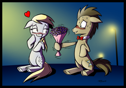 Size: 1280x893 | Tagged: safe, artist:tobibrocki, derpy hooves, doctor whooves, earth pony, pegasus, pony, bouquet, doctorderpy, female, flower, hoof hold, male, mare, shipping, stallion, straight