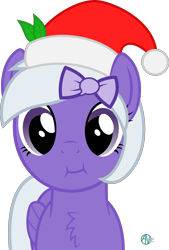Size: 1800x2655 | Tagged: safe, artist:arifproject, oc, oc only, oc:comment, pegasus, pony, :i, arif's christmas pones, arif's scrunchy pone, chest fluff, christmas, cute, derpibooru, derpibooru ponified, female, hair accessory, hat, leaf, looking at you, mare, meta, ponified, ribbon, santa hat, simple background, solo, transparent background, vector