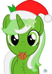 Size: 1808x2547 | Tagged: safe, artist:arifproject, oc, oc only, oc:upvote, pony, unicorn, :3, arif's christmas pones, arif's scrunchy pone, chest fluff, cookie, cute, derpibooru, derpibooru ponified, female, fluffy, food, hair accessory, hat, leaf, looking at you, mare, meta, mouth hold, nom, ponified, santa hat, simple background, smiling, solo, transparent background, vector