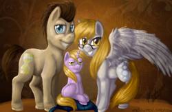 Size: 500x326 | Tagged: safe, artist:mellowmod, derpy hooves, dinky hooves, doctor whooves, pegasus, pony, doctorderpy, family photo, female, glasses, male, mare, shipping, straight