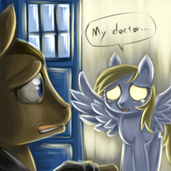 Size: 1000x1000 | Tagged: safe, artist:bunina, derpy hooves, doctor whooves, pegasus, pony, crying, doctor who, doctorderpy, female, glowing eyes, male, mare, ninth doctor, rose tyler, shipping, straight, tardis