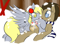 Size: 1280x1024 | Tagged: safe, artist:rainbowdrool, derpy hooves, doctor whooves, pegasus, pony, clothes, doctorderpy, female, male, mare, scarf, shipping, snow, snowfall, straight