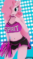 Size: 1152x2048 | Tagged: safe, artist:whackysquire, pinkie pie, anthro, earth pony, 3d, belly button, cheerleader outfit, clothes, cute, female, hair over one eye, looking at you, mare, midriff, miniskirt, moe, pleated skirt, pom pom, skirt, solo