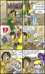 Size: 1024x1677 | Tagged: safe, artist:ciriliko, derpy hooves, doctor whooves, twilight sparkle, pony, comic, creeper, doctorderpy, female, male, shipping, silly, silly pony, straight