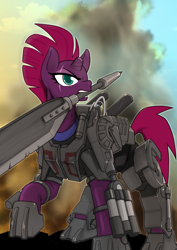 Size: 1240x1754 | Tagged: safe, artist:commissarbu, tempest shadow, pony, armor, blade, broken horn, edge of tomorrow, emily blunt, eye scar, horn, mouth hold, power armor, propeller blade, rita vrataski, scar, solo, sword, voice actor joke, weapon