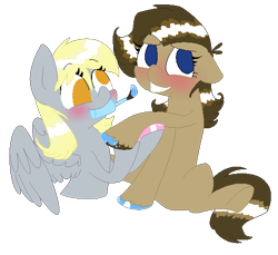 Size: 549x503 | Tagged: safe, artist:artflicker, derpy hooves, doctor whooves, the doctoress, blushing, derptoress, doctorderpy, female, half r63 shipping, hoof polish, lesbian, mouth hold, nail polish, professor whooves, rule 63, shipping, smiling