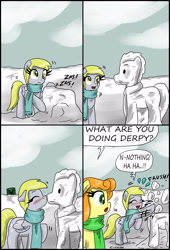Size: 1929x2838 | Tagged: safe, artist:ciriliko, carrot top, derpy hooves, doctor whooves, golden harvest, pegasus, pony, clothes, comic, creeper, doctorderpy, female, kissing, male, mare, scarf, shipping, snowman, snowpony, straight, zas