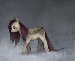 Size: 865x700 | Tagged: safe, artist:exclusionzone, fluttershy, pegasus, pony, folded wings, lidded eyes, looking away, looking down, raised hoof, sad, snow, solo, walking