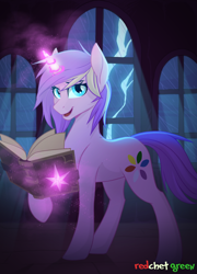 Size: 1000x1386 | Tagged: safe, artist:redchetgreen, oc, oc only, pony, unicorn, book, female, magic, mare, solo