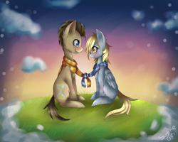 Size: 1500x1200 | Tagged: safe, artist:scythegirl, derpy hooves, doctor whooves, pegasus, pony, blushing, chest fluff, clothes, doctorderpy, female, male, mare, scarf, shipping, straight