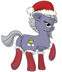 Size: 2166x2500 | Tagged: safe, artist:underwoodart, limestone pie, earth pony, pony, blushing, butt, clothes, dock, glare, hat, looking at you, looking back, plot, santa hat, signature, simple background, snow, snowfall, socks, solo, transparent background, underhoof