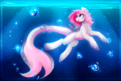 Size: 3000x2008 | Tagged: safe, artist:koveliana, oc, oc only, oc:coral, original species, pony, shark pony, bubble, chromatic aberration, crepuscular rays, female, mare, ocean, open mouth, solo, underwater