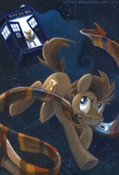 Size: 557x821 | Tagged: safe, artist:kenket, artist:spainfischer, derpy hooves, doctor whooves, pegasus, pony, acrylic painting, crossover, doctorderpy, female, male, mare, parody, shipping, sonic screwdriver, space, straight, tardis, traditional art