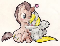 Size: 979x748 | Tagged: safe, artist:missy12113, derpy hooves, doctor whooves, pegasus, pony, blushing, cute, doctorderpy, female, heart, hug, male, mare, shipping, straight, traditional art