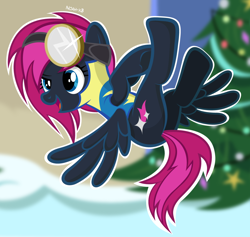 Size: 1090x1035 | Tagged: safe, artist:noah-x3, oc, oc only, oc:neon flare, pegasus, pony, christmas tree, female, flying, mare, snow, solo, tree, wonderbolt trainee uniform