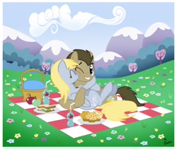 Size: 1052x886 | Tagged: safe, artist:thephoebster, derpy hooves, doctor whooves, pegasus, pony, doctorderpy, female, kissing, mare, muffin, picnic, sandwich, shipping