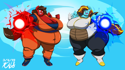 Size: 2048x1152 | Tagged: safe, oc, oc:cloudbow rose, oc:redbow rose, pegasus, pony, belly, big belly, big breasts, breasts, dragon ball z, fat, female, gi, obese, saiyan armor, sisters