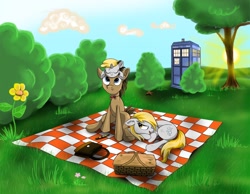 Size: 1548x1200 | Tagged: safe, artist:hereticofdune, derpy hooves, dinky hooves, doctor whooves, doctorderpy, female, filly, male, picnic, scenery, shipping, sonic screwdriver, straight, tardis