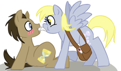 Size: 938x552 | Tagged: safe, artist:kitty-kitty-koneko, derpy hooves, doctor whooves, pegasus, pony, blushing, doctorderpy, female, letter, mail, mailbag, mare, shipping