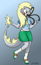 Size: 700x1123 | Tagged: safe, artist:variant, derpy hooves, monster pony, original species, tatzlpony, equestria girls, drool, excited, gray background, happy, humanized, open mouth, raised leg, simple background, smiling, tatzlderp, tatzlhuman, tatzlmuffins, tentacle tongue, tentacles, tongue out