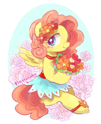 Size: 678x832 | Tagged: artist needed, source needed, safe, fluttershy, pegasus, pony, bouquet, clothes, cute, dress, flower, flower in hair, holding, looking at you, profile, shyabetes, sitting, solo