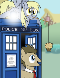 Size: 850x1100 | Tagged: safe, artist:xain-russell, derpy hooves, doctor whooves, pegasus, pony, doctor who, doctorderpy, female, male, mare, muffin, shipping, straight, tardis