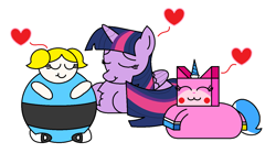 Size: 1368x816 | Tagged: safe, artist:nugget420-biwg, twilight sparkle, twilight sparkle (alicorn), alicorn, bubbles (powerpuff girls), crossover, fat, fat fetish, fetish, lego, obese, request, tara strong, the lego movie, the powerpuff girls, twilard sparkle, unikitty, unikitty! (tv series), voice actor joke