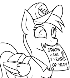 Size: 824x919 | Tagged: safe, artist:variant, derpibooru exclusive, derpy hooves, clothes, happy birthday mlp:fim, lineart, mailmare, mlp fim's seventh anniversary, monochrome, mouth hold, solo