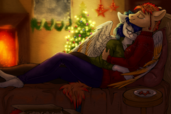 Size: 1280x853 | Tagged: safe, artist:gonedreamer, oc, oc only, oc:april, oc:maychi, anthro, earth pony, pegasus, unguligrade anthro, anthro oc, christmas, christmas tree, couple, crying, cuddling, cute, female, fireplace, glasses, heartwarming, hug, lesbian, snuggling, tears of joy, tree, winghug