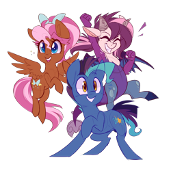 Size: 5400x5400 | Tagged: source needed, safe, artist:meekcheep, oc, oc only, oc:bowtie, oc:mirage, oc:tiebreaker, draconequus, earth pony, pegasus, pony, absurd resolution, group shot, happy, ponycon, simple background, smiling, transparent background, trio