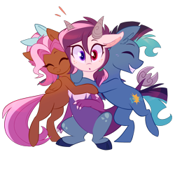 Size: 6000x6000 | Tagged: source needed, safe, artist:meekcheep, oc, oc only, oc:bowtie, oc:mirage, oc:tiebreaker, draconequus, earth pony, pegasus, pony, absurd resolution, group hug, happy, hug, looking at you, ponycon, simple background, smiling, surprised, transparent background