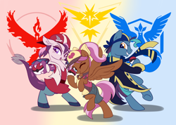 Size: 4338x3093 | Tagged: source needed, safe, oc, oc only, oc:bowtie, oc:mirage, oc:tiebreaker, draconequus, earth pony, pegasus, pony, absurd resolution, pokéball, pokémon, ponycon