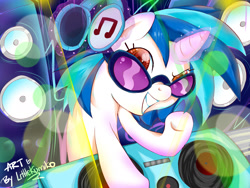 Size: 1400x1050 | Tagged: safe, artist:kumikoponylk, dj pon-3, vinyl scratch, pony, unicorn, headphones, solo, speakers, turntable