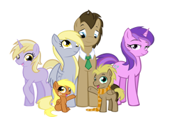 Size: 866x582 | Tagged: safe, artist:moostargazer, amethyst star, derpy hooves, dinky hooves, doctor whooves, oc, oc:cloud, oc:windancer, child, clothes, colt, doctorderpy, family, filly, foal, male, necktie, offspring, parent:derpy hooves, parent:doctor whooves, parents:doctorderpy, scarf, shipping, simple background, straight, transparent background