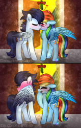 Size: 1024x1615 | Tagged: safe, artist:northlights8, rainbow dash, soarin', pegasus, pony, blushing, blushing profusely, colored wings, colored wingtips, embarrassed, kissing, male, mistletoe, shipping, soarindash, straight