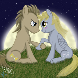 Size: 894x894 | Tagged: safe, artist:slamoleo, derpy hooves, doctor whooves, pegasus, pony, doctorderpy, female, male, mare, moon, night, shipping, straight