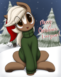 Size: 2700x3383 | Tagged: safe, artist:anearbyanimal, earth pony, pony, clothes, cute, daaaaaaaaaaaw, epona, eponadorable, female, frog (hoof), hat, mare, pine tree, ponified, santa hat, sitting, snow, solo, sweater, the legend of zelda, tree, turtleneck, underhoof, weapons-grade cute