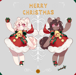 Size: 970x967 | Tagged: safe, artist:lemonheart, oc, oc only, oc:lemon-ade, pony, bell, bipedal, bow, clothes, hat, holly, merry christmas, present, santa hat