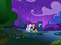 Size: 1024x768 | Tagged: safe, artist:x-turent, derpy hooves, doctor whooves, pegasus, pony, clothes, date, doctorderpy, dress, female, male, mare, night, shipping, straight, tardis