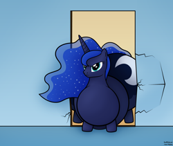 Size: 1900x1600 | Tagged: safe, artist:jesseorange, princess luna, alicorn, pony, series:absurdly huge luna's life, belly, cracked, fat, huge butt, impossibly large butt, large butt, moonbutt, morbidly obese, obese, plot, princess moonpig, solo, stuck, the ass is monstrously oversized for tight entrance, the ass was too fat, wall