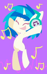Size: 824x1297 | Tagged: safe, artist:typhwosion, dj pon-3, vinyl scratch, pony, unicorn, bipedal, eyes closed, happy, headphones, music notes, smiling, solo