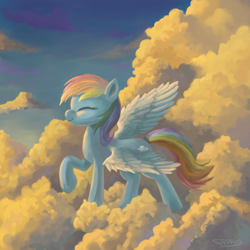 Size: 4000x4000 | Tagged: safe, artist:sycreon, rainbow dash, pegasus, pony, cloud, cloudy, eyes closed, raised hoof, sky, smiling, solo, spread wings