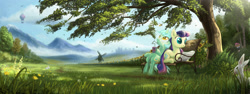 Size: 3266x1224 | Tagged: safe, artist:devinian, bon bon, derpy hooves, doctor whooves, lyra heartstrings, pinkie pie, sweetie drops, earth pony, pegasus, pony, rabbit, bench, doctorderpy, drink, duo focus, equestria daily, female, goggles, hot air balloon, mare, newspaper, pinkie spy, scenery, scenery porn, twinkling balloon, under the tree, wasp, windmill
